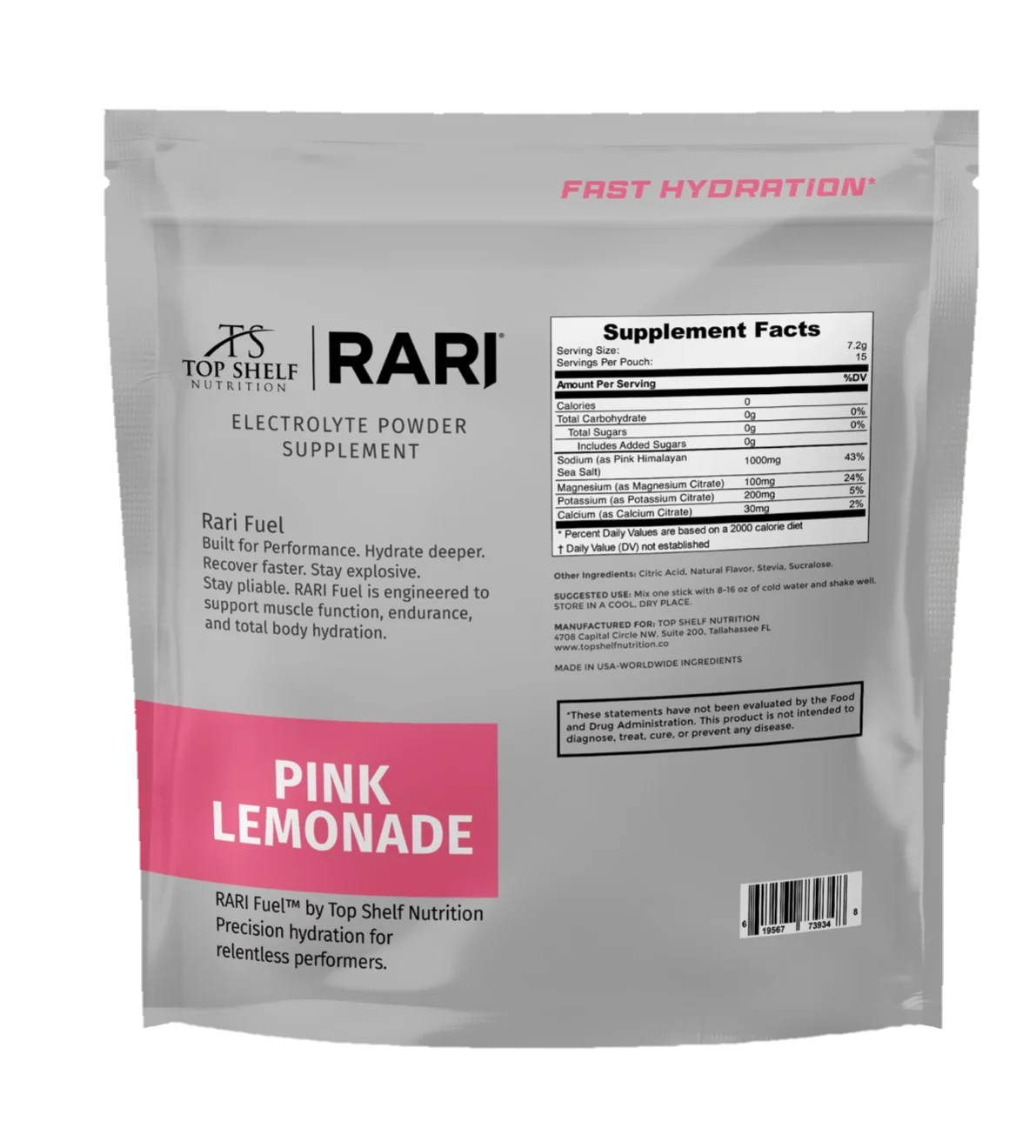 RARI Fast Hydration Pink Lemonade electrolyte powder, back of pouch