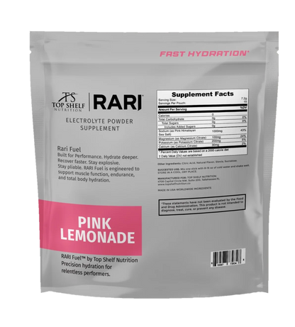 RARI Fast Hydration Pink Lemonade electrolyte powder, back of pouch