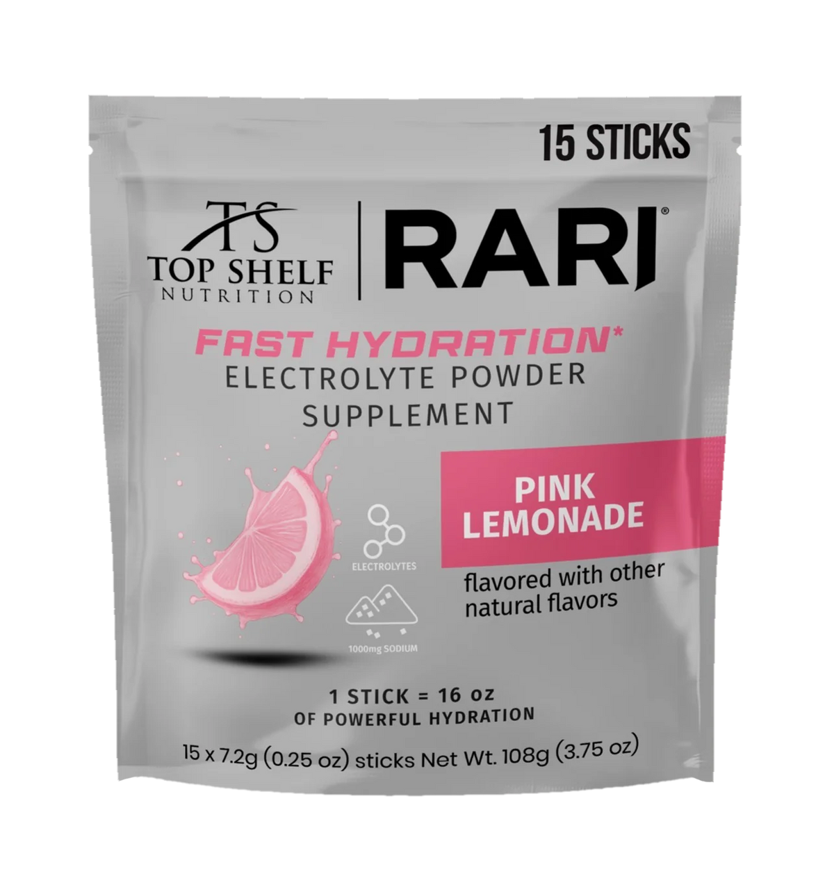 RARI Fast Hydration Pink Lemonade electrolyte powder, front of pouch