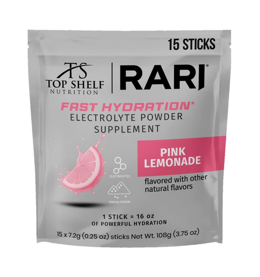 RARI Fast Hydration Pink Lemonade electrolyte powder, front of pouch